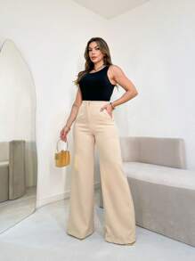 IN FASHION FEMININE Tailored Wide-Leg Pants - Màu Khaki - Xem 4