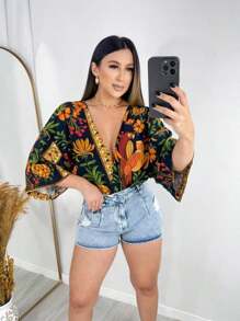 Women's Bodysuit Top With Tropical-Inspired Print Sleeves All In Viscose - Black - View 1