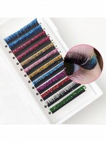 aHoneya 1 Case 12 Rows Glitter Eyelash Summer Colorful Shiny Lashes Wedding Concert Party Eye Lash 10-15mm Silvery Blue Green Purple Pink Yellow Gold Eyelashes