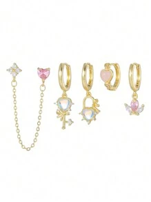 Shescity 1 Set Of 5 Pieces Exquisitely Designed Micro-Paved Colored Zirconia Love Key Earrings And Studs Set Suitable For Women To Wear On One Ear For Daily Banquets