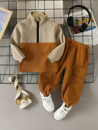 2 件套儿童男孩拼色灯芯绒长袖立领拉链连帽衫和松紧腰裤套装，适合派对和节日穿着