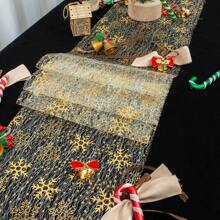 1pc 11"X108" Gold Christmas Sheer Mesh Snowflake Patterned Table Runner, Winter Snowflake Design Table Runner Suitable For Wedding Decoration, Christmas, Kitchen Dining Table, Dinner Table Linen, Christmas Dinner Table Decor - الذهبي - مشاهدة 2