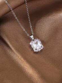 1 件欧美流行彩色锆石镶嵌方形吊坠项链，简约奢华女士项链 - 銀色 - 查看 5