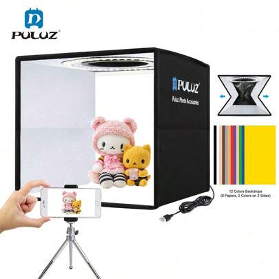 Puluz Casetta fotografica richiudibile e portatile per studio fotografico, con tenda in tessuto morbido per luce soffusa, kit di attrezzatura per fotografia, luce bianca, con 12 sfondi colorati (6 di carta, 2 colori su 2 lati) 25cm Nero