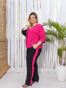 Maison Raglan Sleeve Blouse And Plus Size Trousers Summer Set - Rosa Fucsia - Ver 2