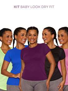 Kit 5 Babylook Dry Fit Women's T-Shirt Slim Fit Sports Fitness Plain Basic Workout Women's Basic Plain Gym Fitness UV Sun Protection - 彩色 - 查看 1
