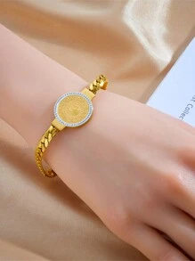 1pc Stainless Steel Large Round Disc Rhinestone Bracelet & Earrings Set, Suitable For Daily Wear - Golden - View 2