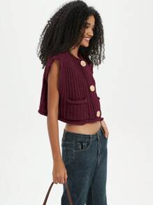 Women's Solid Color Knitted Pocket Decor Thick Knit Vest - Red Violet - View 4
