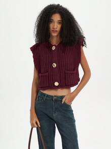 Women's Solid Color Knitted Pocket Decor Thick Knit Vest - Red Violet - View 9