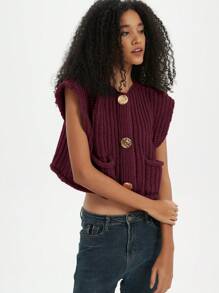 Women's Solid Color Knitted Pocket Decor Thick Knit Vest - Red Violet - View 6