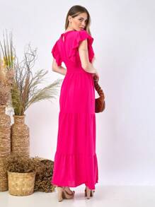 Women's Long Dress In Duna Fabric With Ruffle Sleeves - Màu Hồng Tươi - Xem 2
