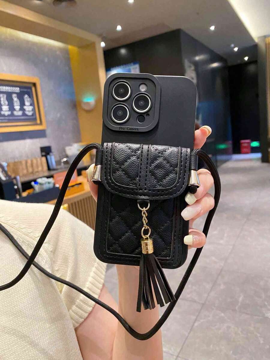 1 Set Includes: 1pc Card Wallet Style Rope Strap, 1pc Powder Pink Angel Eye Edge Solid Phone Case Compatible With Apple///Redmi/VIVO/Infinix/OPPO/Reno/Realme - Black - View 1