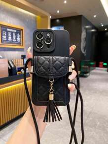 1 Set Includes: 1pc Card Wallet Style Rope Strap, 1pc Powder Pink Angel Eye Edge Solid Phone Case Compatible With Apple///Redmi/VIVO/Infinix/OPPO/Reno/Realme - Black - View 4