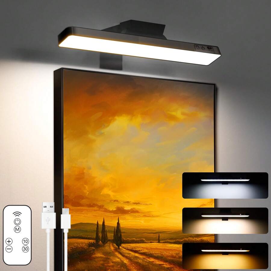 1Pcs Picture Light, Rechargeable Battery Operated Led Painting Light With Remote Control Dimmable And Timer, Wireless Art Display Light For Wall Painting, Picture Frame, Artworking Portrait, Dartboard - 黑色 - 查看 1