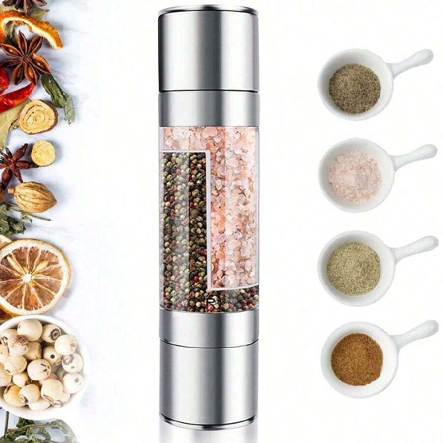 1 pieza, molino de condimentos de acero inoxidable y vidrio 2 en 1, con mecanismo cerámico ajustable, utensilios de cocina de condimentos, sin necesidad de electricidad, utensilios de cocina, elementos de cocina, alimentos, cocina, temporada, especias, pimienta, ajo, sal, organizadores, fiestas, decoración de habitaciones. - Plateado - Ver 1