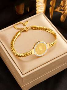 1pc Stainless Steel Large Round Disc Rhinestone Bracelet & Earrings Set, Suitable For Daily Wear - Golden - View 1