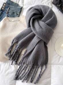 1pc Women's Winter Scarf, Black Horsehair, Cashmere-Like Texture, Thick & Warm, Women's Fashion Solid Color Tassel Fleece Scarf, Outdoor Women Shawl Accessory,Beach,Holiday,Accsesories,Travel Essential - Dark Gray - View 3