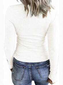 Womens Fashion Fall Long Sleeve Tops Slim Fit Crewneck Sexy Button T-Shirts Knit Sweaters - 白色 - 查看 2
