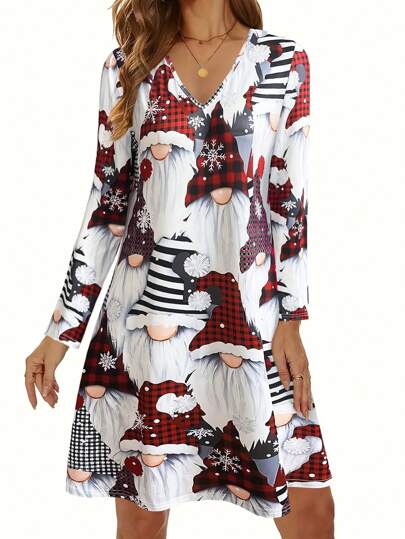 Novo Vestido de Manga Longa com Estampa de Papai Noel para Mulheres, Outono/Inverno, Vestido de Natal de Manga Longa e Decote em V para Mulheres, Estampa de Gnomo com Elementos Xadrez e Flocos de Neve, Ideal para Festas e Uso Casual, Conjunto de Inverno Imperdível, Vestido Festivo Estiloso, Fantasias de Natal da Moda, Vestidos Casuais de Outono para Mulheres