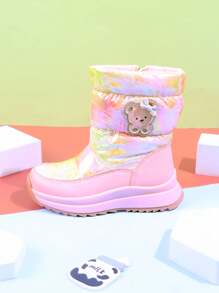 1 paire de bottes de neige roses pour enfants, motif de dessin animé, imperméables, rembourrées, mi-mollet, antidérapantes, chaussures d'hiver chaudes pour filles