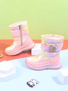 1 paire de bottes de neige roses pour enfants, motif de dessin animé, imperméables, rembourrées, mi-mollet, antidérapantes, chaussures d'hiver chaudes pour filles
