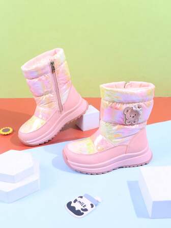 1 双粉色儿童雪地靴，卡通图案，防水，加垫，中筒，防滑，冬季保暖女童鞋