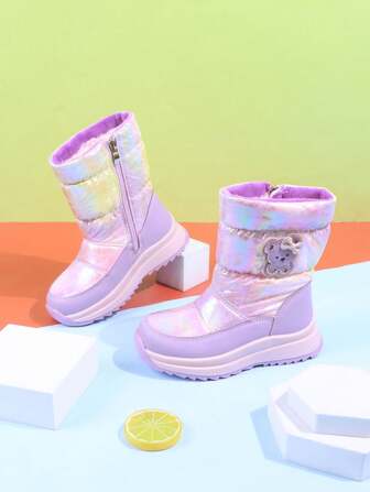1 Pair Pink Girls Snow Boots, Cartoon Pattern, Waterproof Padded Mid-Calf Boots, Warm & Anti-Slip, Suitable For Winter