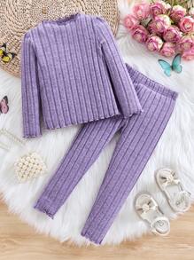 Set de 2 piezas top de cuello redondo de manga larga con volantes a rayas púrpura y pantalones con volantes a rayas para niñas jóvenes - Morado - Ver 3