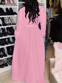Elegant And Sweet Large Size Solid Color Lapel Loose Dress - Hồng - Xem 3