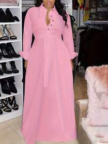 Elegant And Sweet Large Size Solid Color Lapel Loose Dress - Hồng - Xem 1