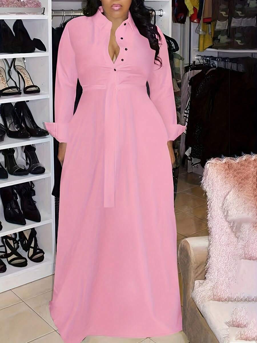 Elegant And Sweet Large Size Solid Color Lapel Loose Dress - Hồng - Xem 1