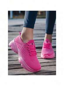 Women Fashion Casual Slip-On Sneakers, Comfortable Breathable Fabric Lace-Up Low-Top Athletic Shoes, Couple Socks Shoes, Slouchy Shoes, New Hot Selling 2024 Model - 玫紅色 - 查看 2