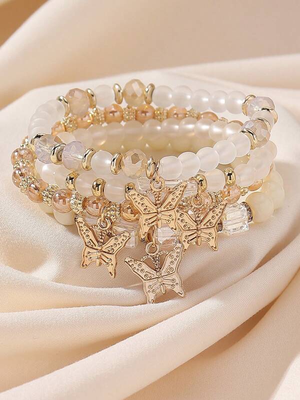 4 szt. Czeski, ręcznie robiony szklany koralik Pączek kwiatowy i zawieszka w kształcie motyla Zestaw elastycznych bransoletek dla kobiet, styl wakacji na plaży, losowy wzór