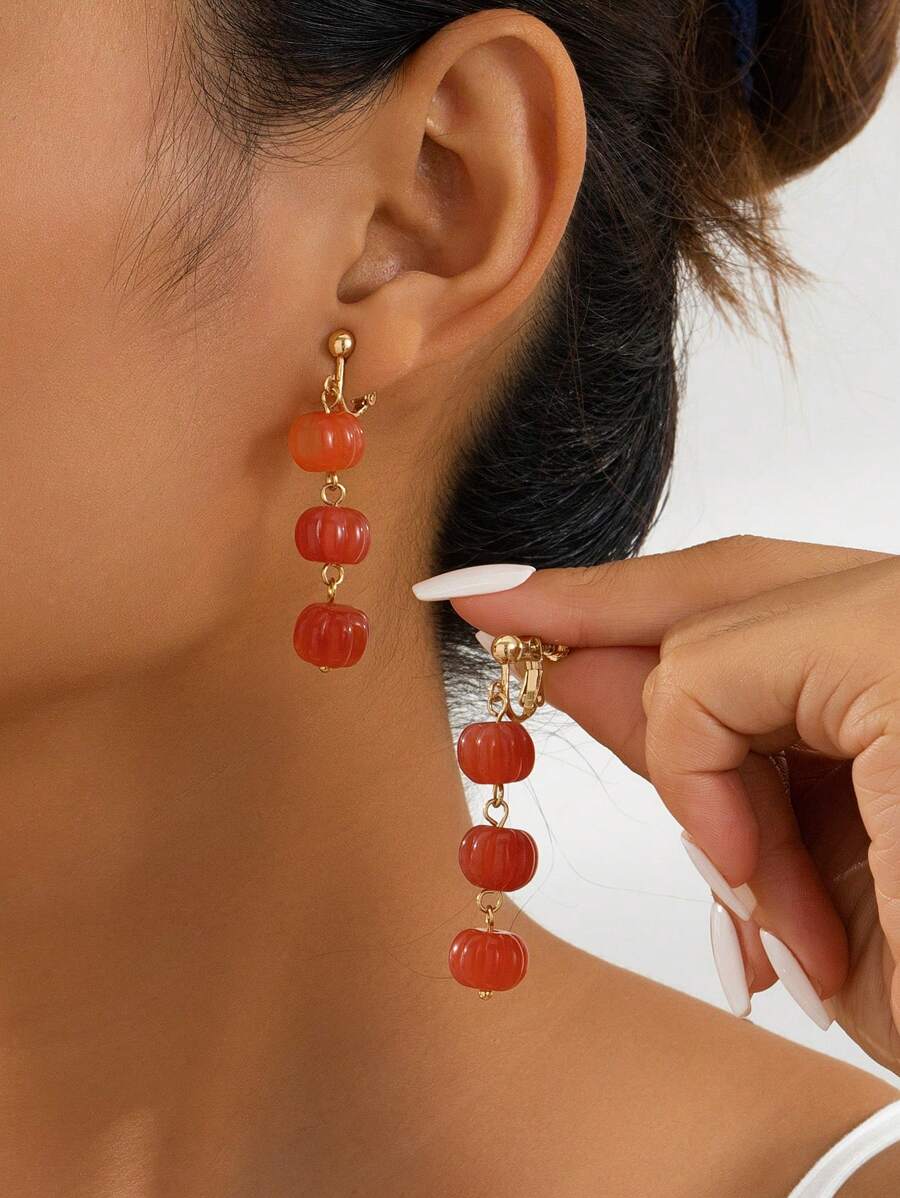 1 cặp bông tai kẹp hạt bí ngô thời trang thanh lịch, phong cách đại học hợp thời trang dành cho phụ nữ, quà tặng Halloween & trang phục hàng ngày - Kẹp tai bí ngô - Xem 1