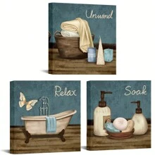 Conjunto de 3 piezas de cuadros de pared de decoración de baño con impresiones en lienzo de los letreros "Relájate, Desconecta, Sumerge", pintura de arte decorativo para el hogar moderno, sala de baño, inodoro, listos para colgar, decoración de pared y habitación