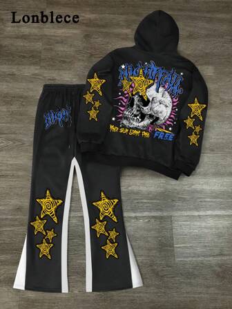 Lonblece 2 pezzi Set uomo composto da felpa con cappuccio e chiusura lampo con stampa di teschio, cuore e croce, e pantaloni a zampa d'elefante