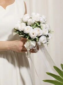 1 bó hoa cưới giả gồm hoa hồng, lúa mì và lá xanh, phụ kiện hoa ren cho cô dâu, phù dâu, chụp ảnh cưới ngoài trời, ngày Valentine, tiệc cưới. - Nhiều màu - Xem 8