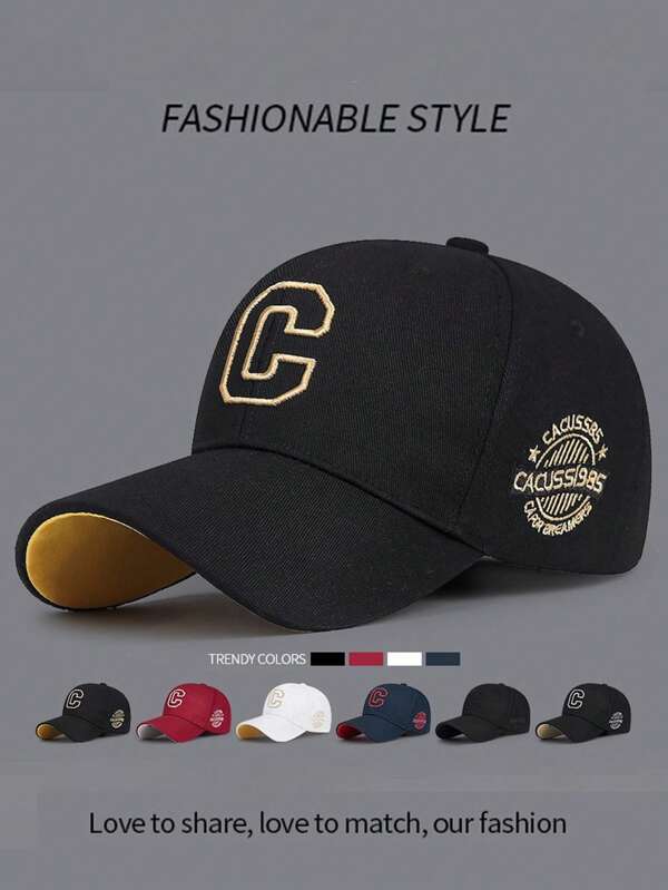 Large C-Letter Embroidered Adjustable Elastic Extended Brim Hardtop Baseball Cap, Double-Sided Embroidery, Unisex, Breathable, Fashionable, Sun-Shading, Suitable For All Seasons