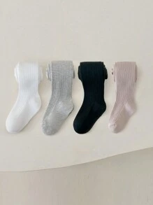 4 件儿童纯色垂直罗纹紧身裤，男女通用紧身裤适合所有季节 - 彩色 - 查看 1