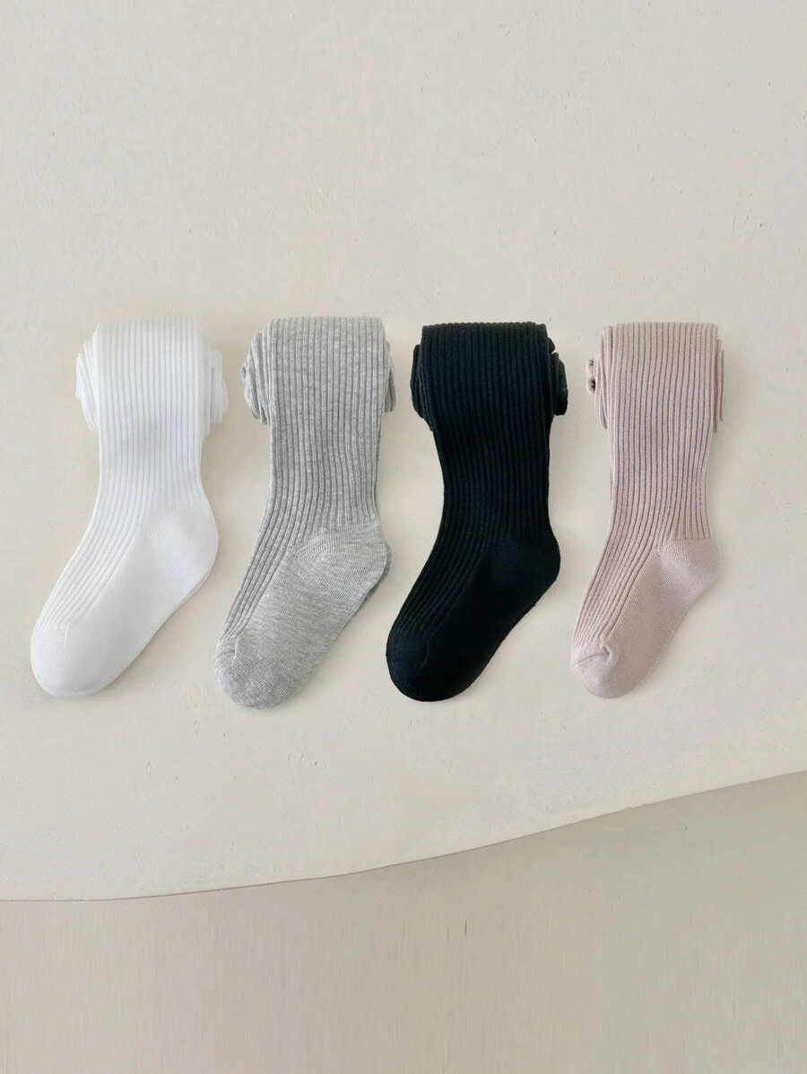 4 件儿童纯色垂直罗纹紧身裤，男女通用紧身裤适合所有季节 - 彩色 - 查看 1