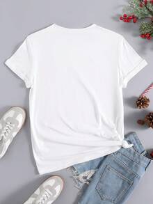 定制T恤，个性化照片T恤，感恩节、圣诞节定制礼物，定制女士T恤 - 添加您自己的文字/图片（全家福/家庭成员照片/派对照片/合影/自拍）来设计您专属的个性化印花T恤，圣诞节特别礼物，可印制宝宝/情侣/家庭/宠物照片，时尚秋季，街头休闲时尚白色夏季，适合家庭穿着 - 白色 - 查看 3