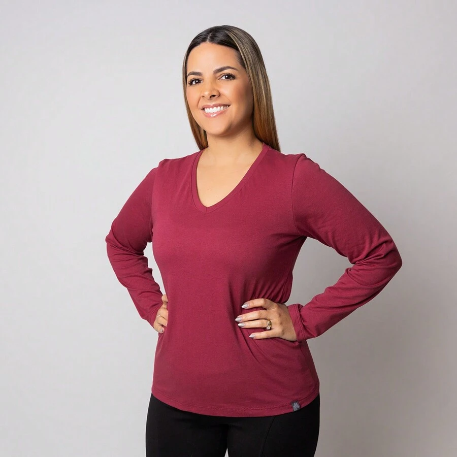 Women's Long Sleeve V-Neck T-Shirt - 紫紅色 - View 1