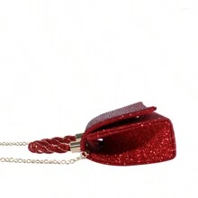 Metal Handle Rhinestone Glitter Multi-Function Solid Color PVC Evening Clutch Bag, With Woven Handle & Leather Lining - Magnetic Closure, Includes Wrist Strap, Chain Shoulder Strap Design - Perfect For Weddings And Formal Occasions