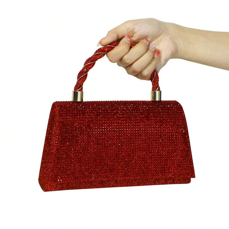 Metal Handle Rhinestone Glitter Multi-Function Solid Color PVC Evening Clutch Bag, With Woven Handle & Leather Lining - Magnetic Closure, Includes Wrist Strap, Chain Shoulder Strap Design - Perfect For Weddings And Formal Occasions