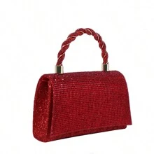 Metal Handle Rhinestone Glitter Multi-Function Solid Color PVC Evening Clutch Bag, With Woven Handle & Leather Lining - Magnetic Closure, Includes Wrist Strap, Chain Shoulder Strap Design - Perfect For Weddings And Formal Occasions