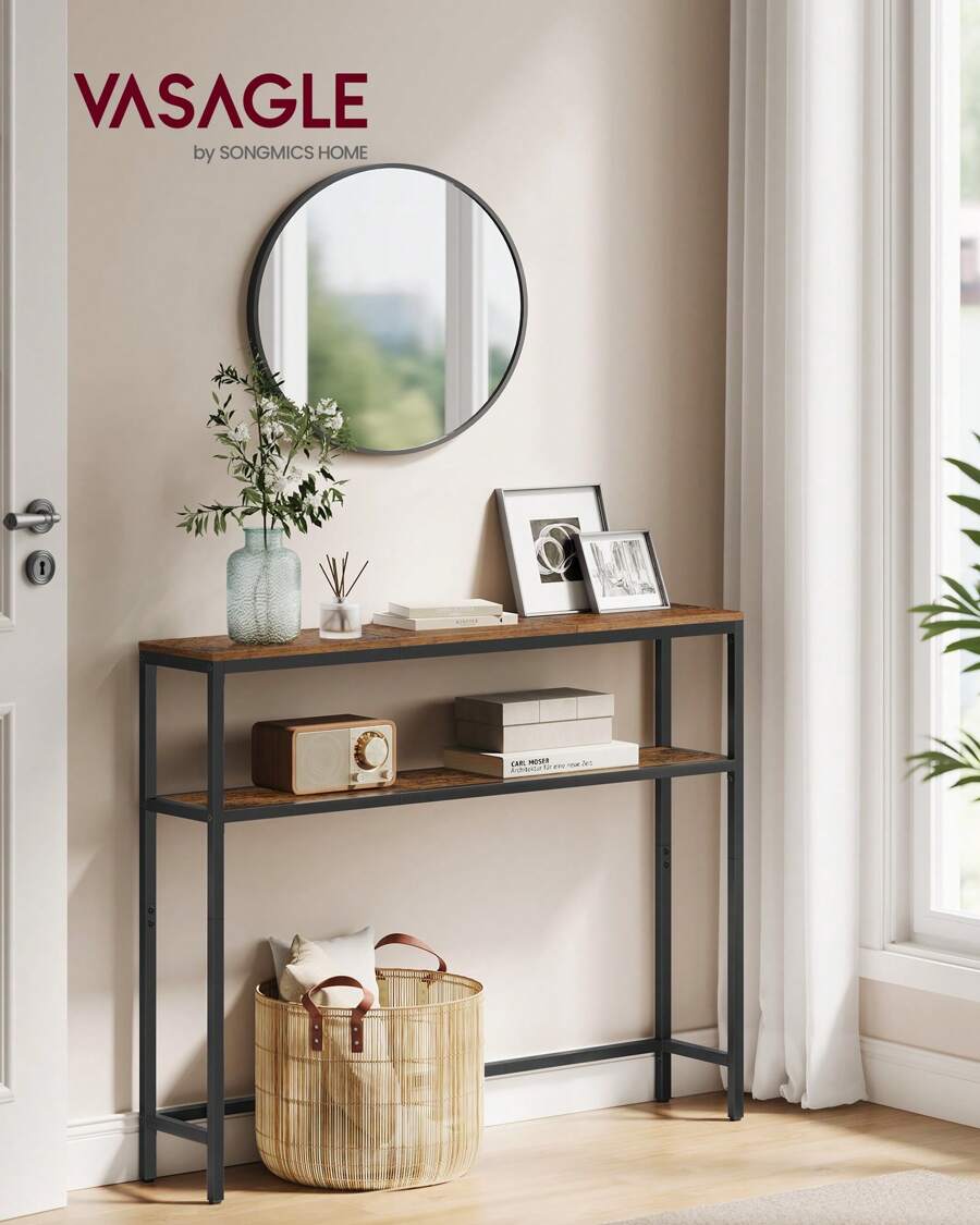 VASAGLE Tavolo Consolle, 20 x 100 x 80 cm, Tavolino Stretto, Tavolo da Ingresso Moderno con 2 Ripiani, Per Soggiorno, Camera da Letto, Grigio Antracite e Nero Inchiostro/Marrone Vintage e Nero Inchiostro/Bianco Marmo e Nero Inchiostro - Castano - Visualizzare 1