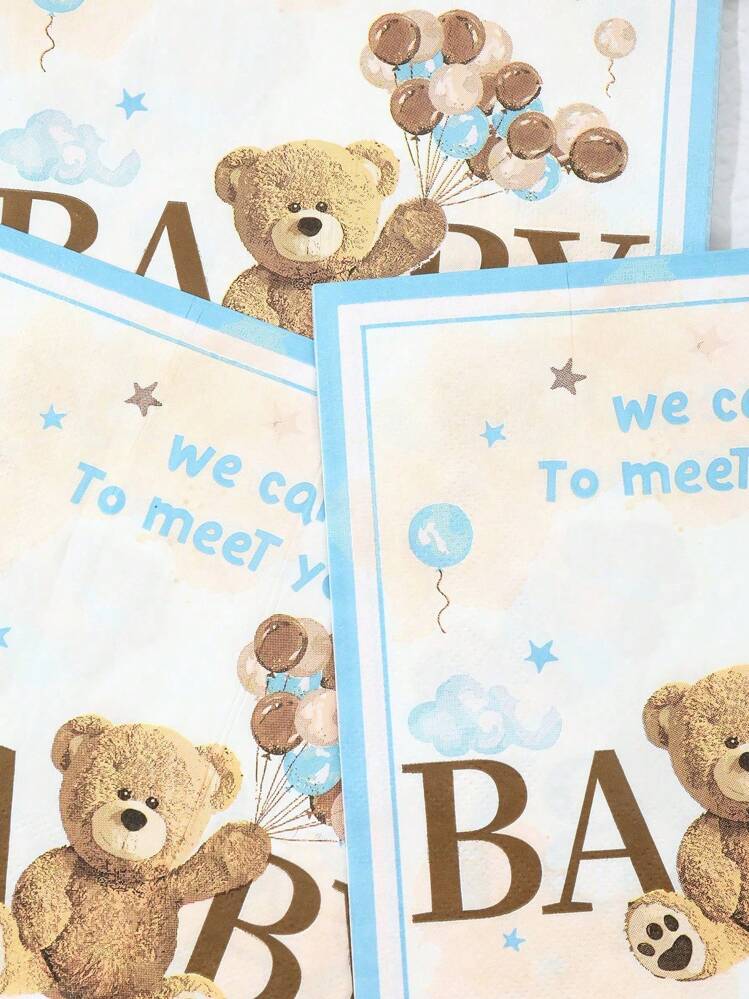 40pcs/Pack 13*13in Disposable Party Napkins With Blue Border, Balloon & Bear Patterns, Suitable For Various Themed Parties And Daily Use,Christmas - Multicolor - View 3
