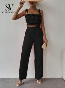 SV Women's Elegant Vacation Outfit Featuring A Tiered Ruffled Blouse And Casual Dress Pants, Consisting Of A Strapless Ruffled Top And Flared Pants. - 黑色 - 查看 4