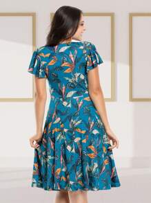 Floral Print Dress With Ruffle Sleeves - 藍色 - 查看 2