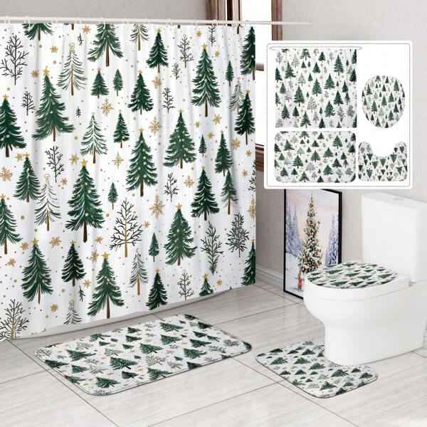 1/4pcs Christmas Winter Christmas Tree Snowflake Simple Green Shower Curtain Set With Shower Curtain And Rugs Polyester Waterproof Machine Washable For Xmas Bathroom Or Shower Decor With 12hooks Non-Slip Bath Mat U-Shape Toilet Lid Cover Mat Home Bathroom Decor Summer Bathroom Accessories Back To School